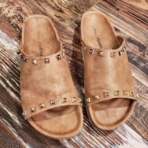 Gold Studded Tan Slides